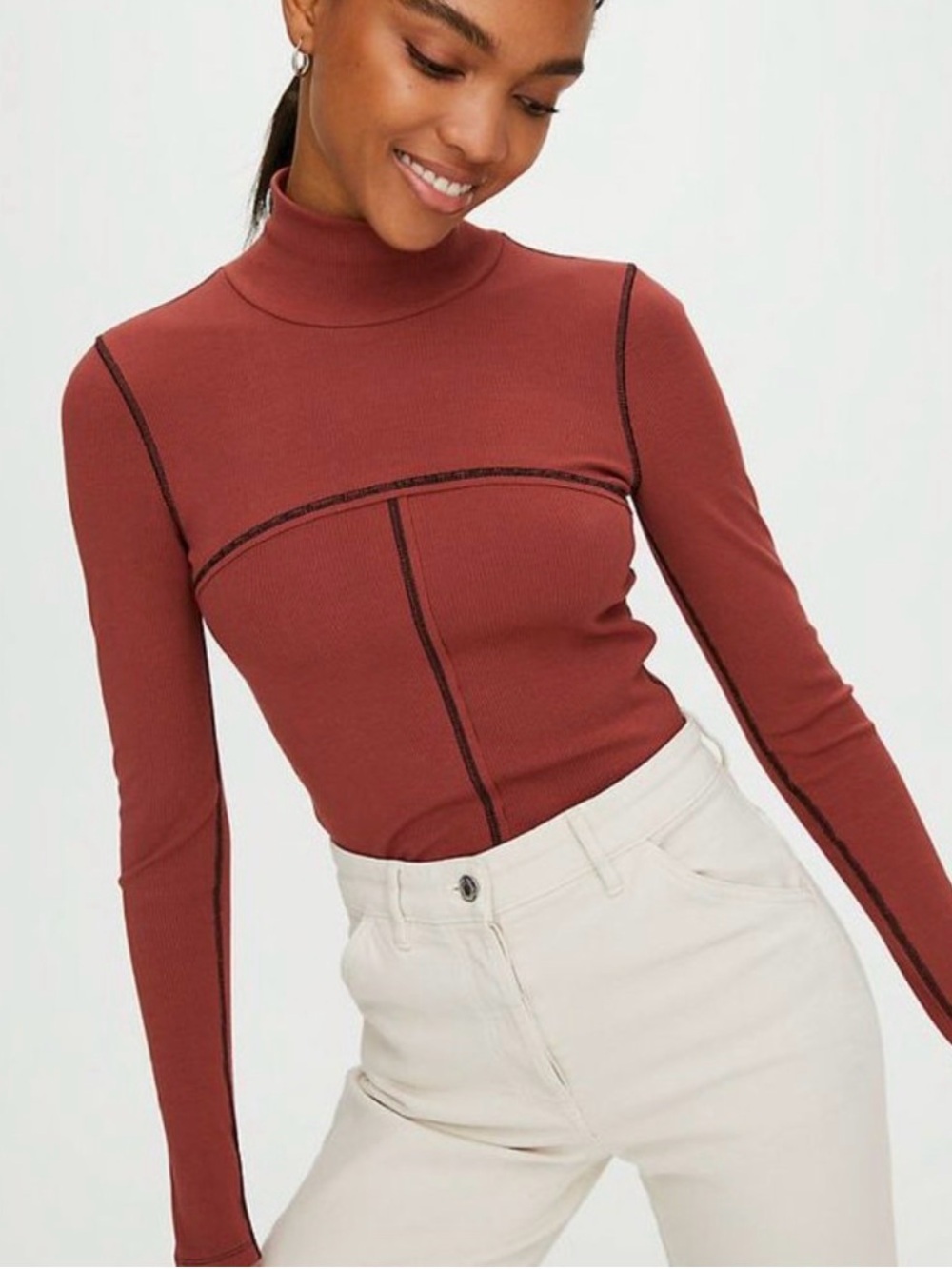Wilfred free Ribbed Mock Neck Long-Sleeve Top in Rust